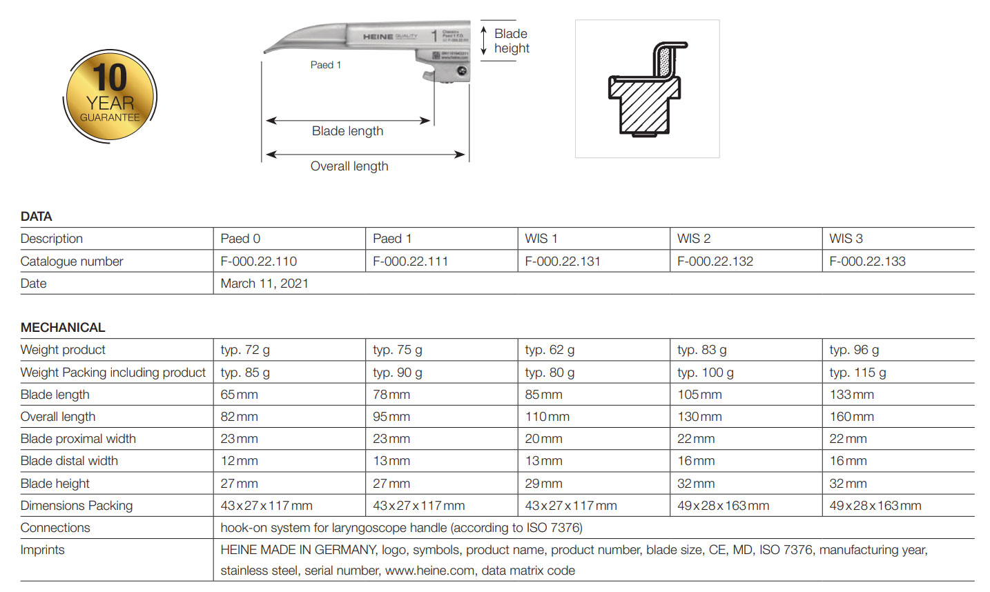 HEINE Classic+ Paed Laryngoscope Blade Data Sheet
